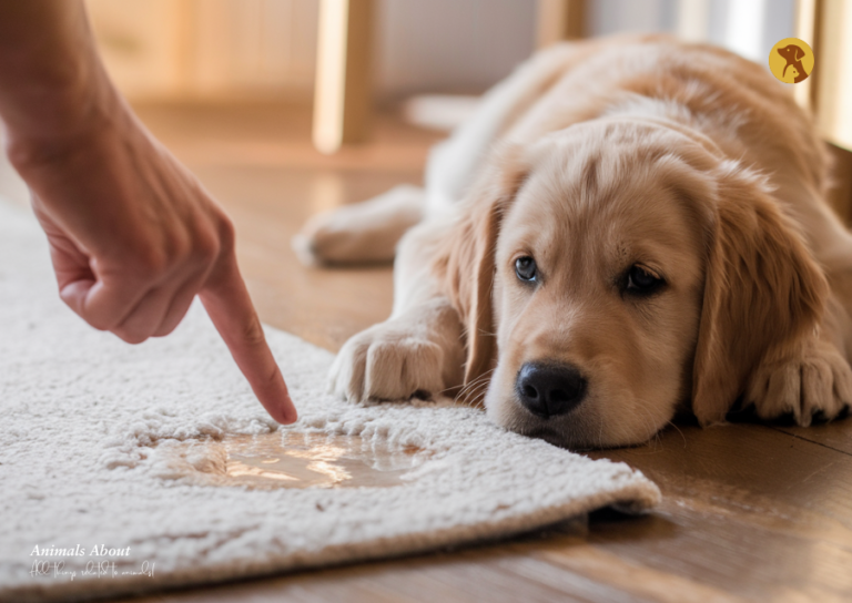 Golden retriever lying on a clean carpet next to pet urine cleaner and towel in a cozy living room.