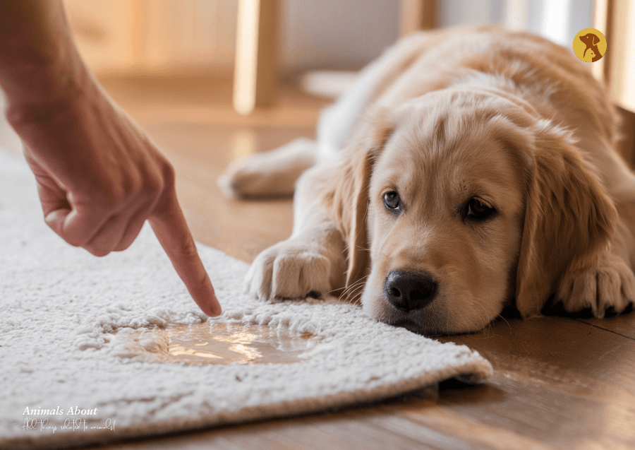 Golden retriever lying on a clean carpet next to pet urine cleaner and towel in a cozy living room.