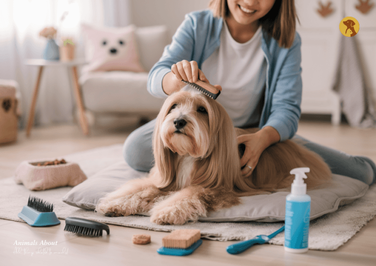 Pet owner gently using a dematting comb to remove matted pet fur at home in a safe and caring way.