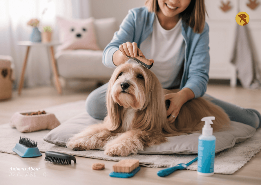 Pet owner gently using a dematting comb to remove matted pet fur at home in a safe and caring way.
