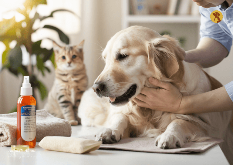 A pet owner gently treating a hot spot on a golden retriever’s skin using pet-safe antiseptic in a cozy home setting, with a curious cat watching in the background.
