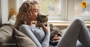 Woman kissing a tabby cat while sitting on a couch.