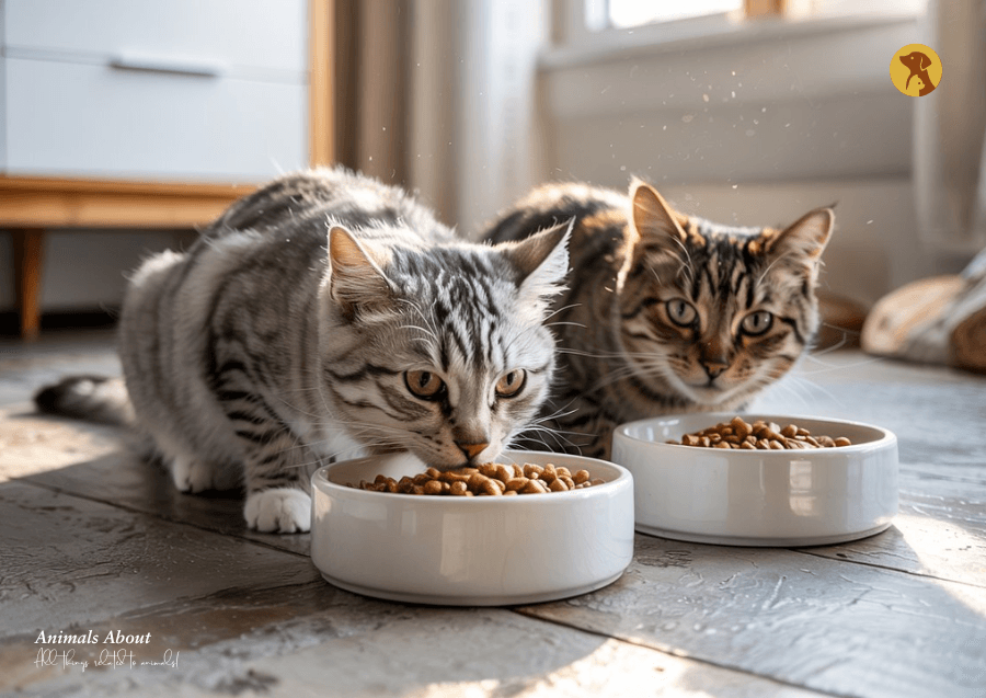Two tabby cats eating dry cat food from white bowls; one cat is eating while the other looks up at the camera with wide green eyes on a light wooden floor.