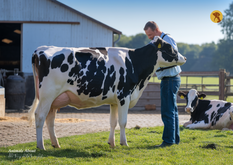 A farmer gently examines a healthy dairy cow in a green pasture to check for milk production issues, with a barn and feed visible in the background. cow not producing milk