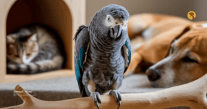 African Grey Parrot facing forward while perched on a wooden branch, showing smooth grey feathers and bright red tail, with a soft, blurred background highlighting the bird as the main focus.