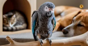 African Grey Parrot facing forward while perched on a wooden branch, showing smooth grey feathers and bright red tail, with a soft, blurred background highlighting the bird as the main focus.