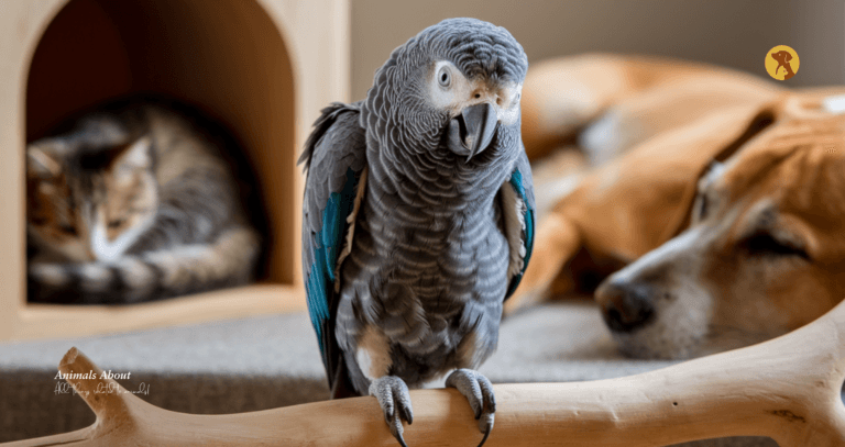 African Grey Parrot facing forward while perched on a wooden branch, showing smooth grey feathers and bright red tail, with a soft, blurred background highlighting the bird as the main focus.