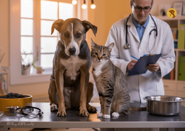 A pet losing weight suddenly, showing a thin dog and cat on a vet’s exam table with a concerned veterinarian in the background.