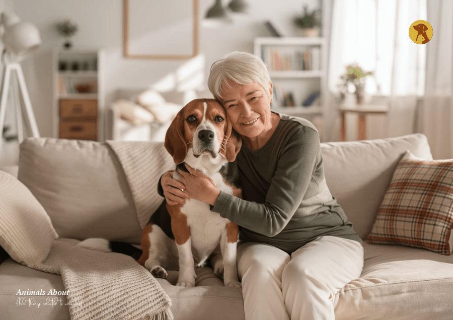 Senior woman caring for her dog at home, illustrating senior pet care tips and companionship.