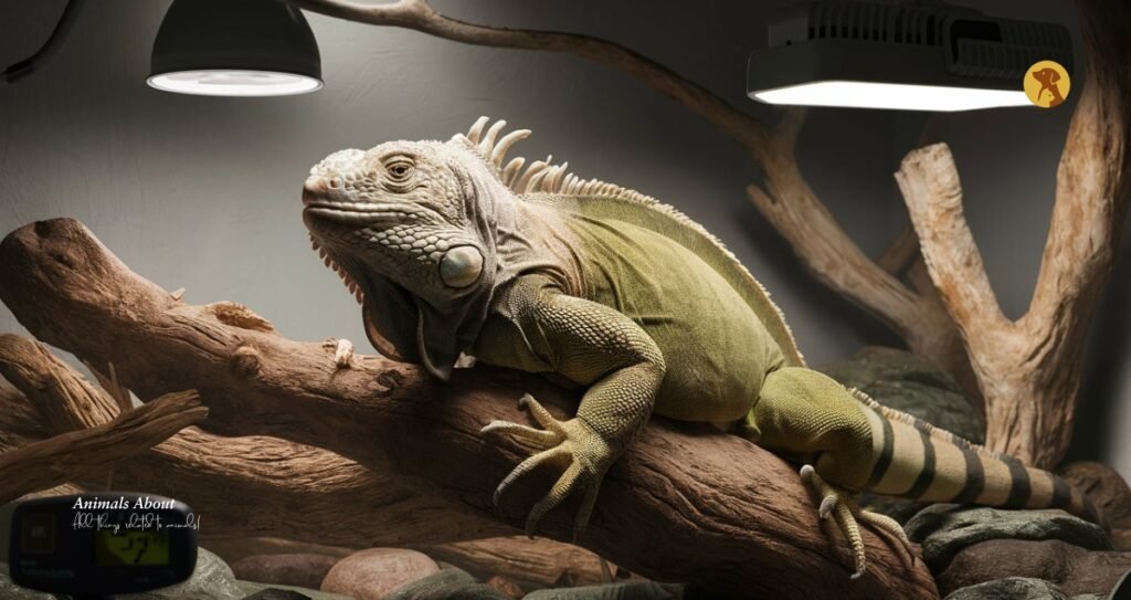 Iguana turning dark and appearing sluggish under a heat lamp in its enclosure.