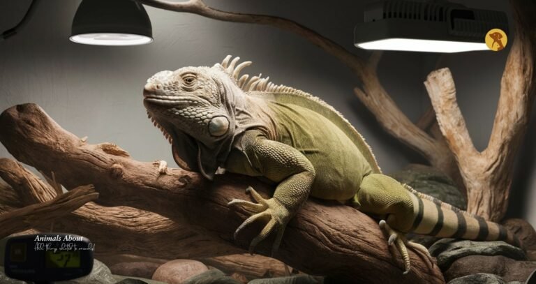 Iguana turning dark and appearing sluggish under a heat lamp in its enclosure.