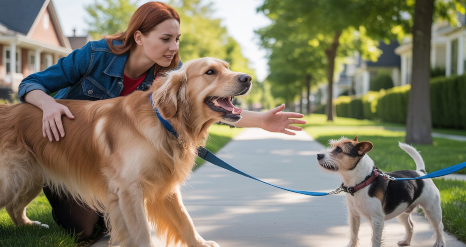 Dog barking on walks as the owner gently tries to control and soothe it during a neighborhood stroll.