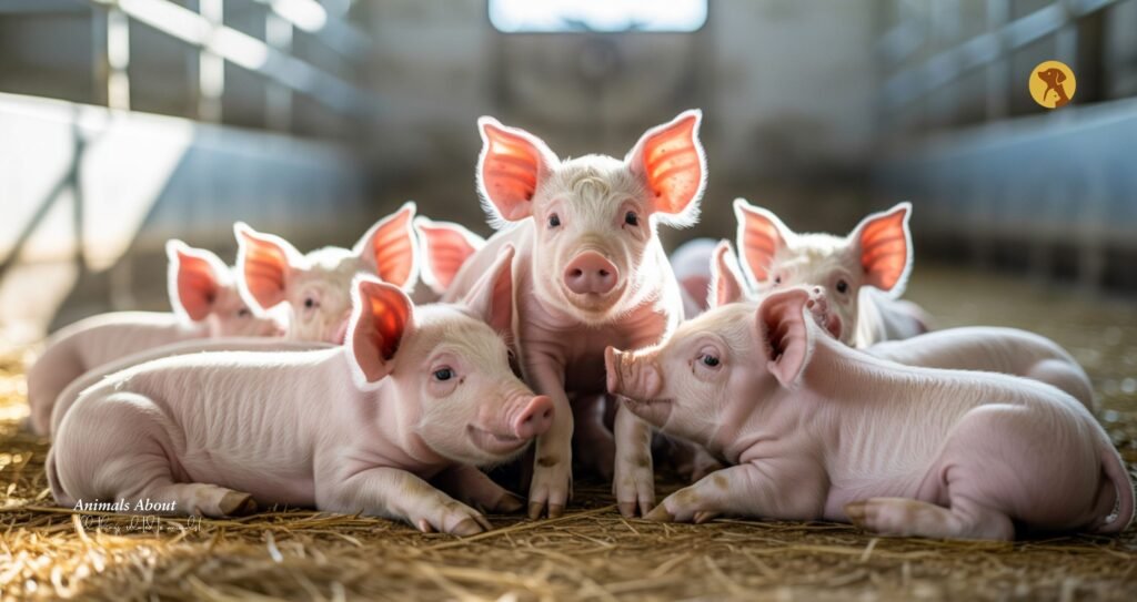 Piglets in a warm indoor barn showing early signs of heat stress, highlighting the need for cooling and care