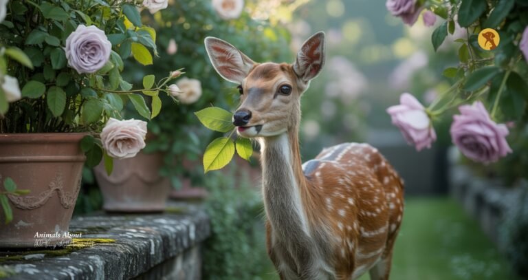 Deer in backyard standing near a garden