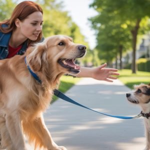Dog barking on walks as the owner gently tries to control and soothe it during a neighborhood stroll.