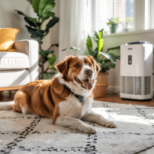 Allergy-safe home with a happy pet and air purifier to handle pet allergies