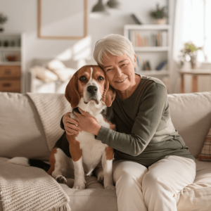 A joyful moment between a senior and her dog — a reminder of the importance of compassionate pet care in later years.