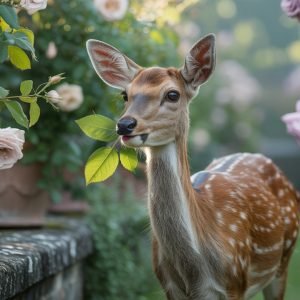 A curious Deer in Backyard a peaceful backyard garden.